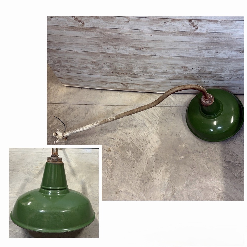 Vintage Industrial Gooseneck Barn Light Porcelain Green Enamel Shade 12" Rewired